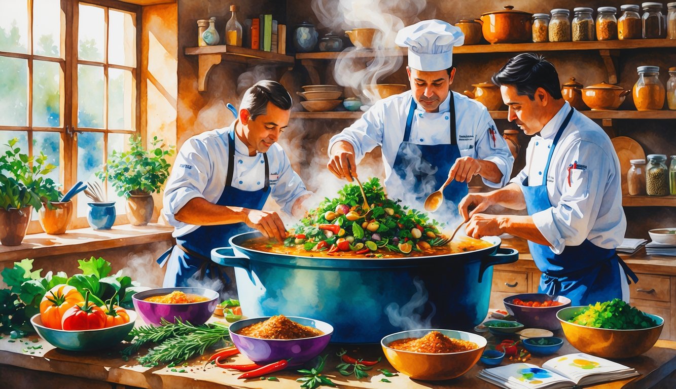 Chefs adding fresh ingredients and spices to a large pot of stew in a cozy kitchen.