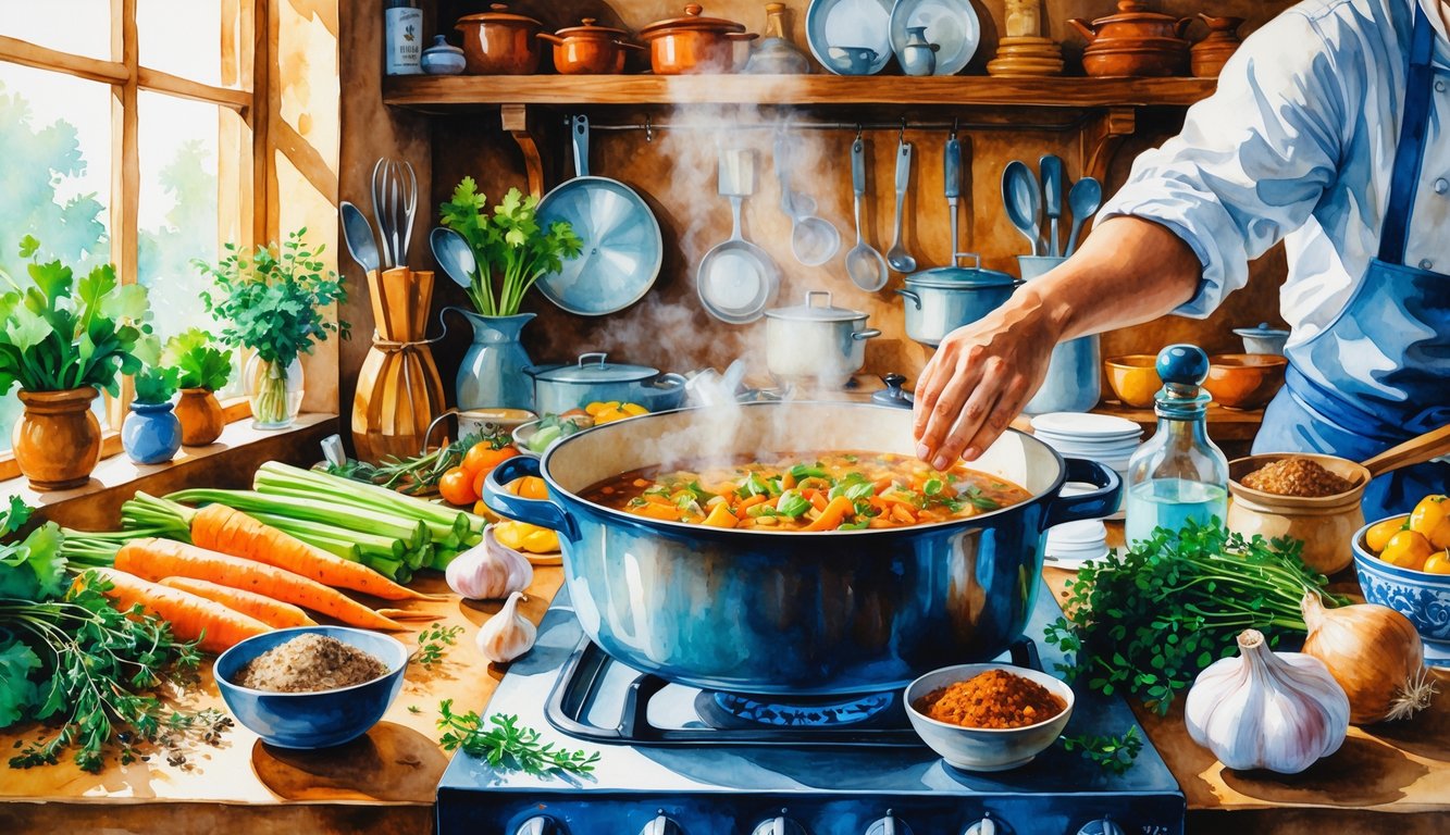 A kitchen scene showing a pot of stew cooking on a stove surrounded by fresh vegetables, herbs, spices, and a chef’s hands adding ingredients.