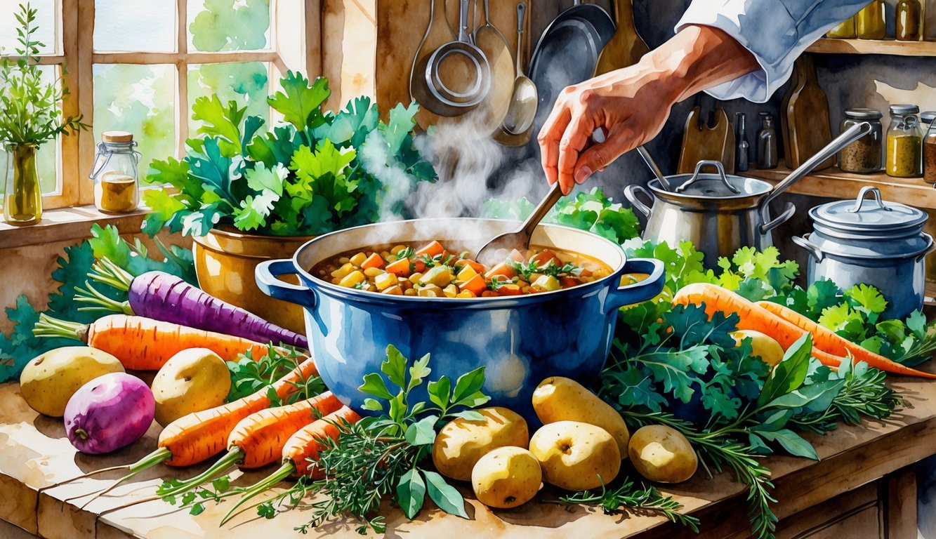 A kitchen scene with fresh vegetables, herbs, and a pot of stew being stirred.