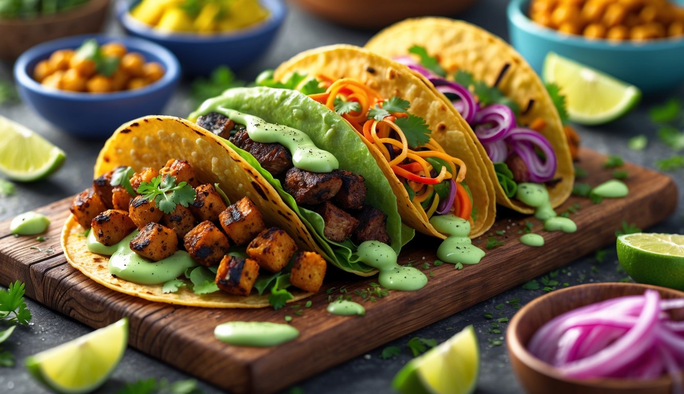 Three tacos filled with creative ingredients like grilled jackfruit, spiralized vegetables, and avocado sauce on a wooden board with small bowls of mango salsa, chickpeas, and pickled onions nearby.