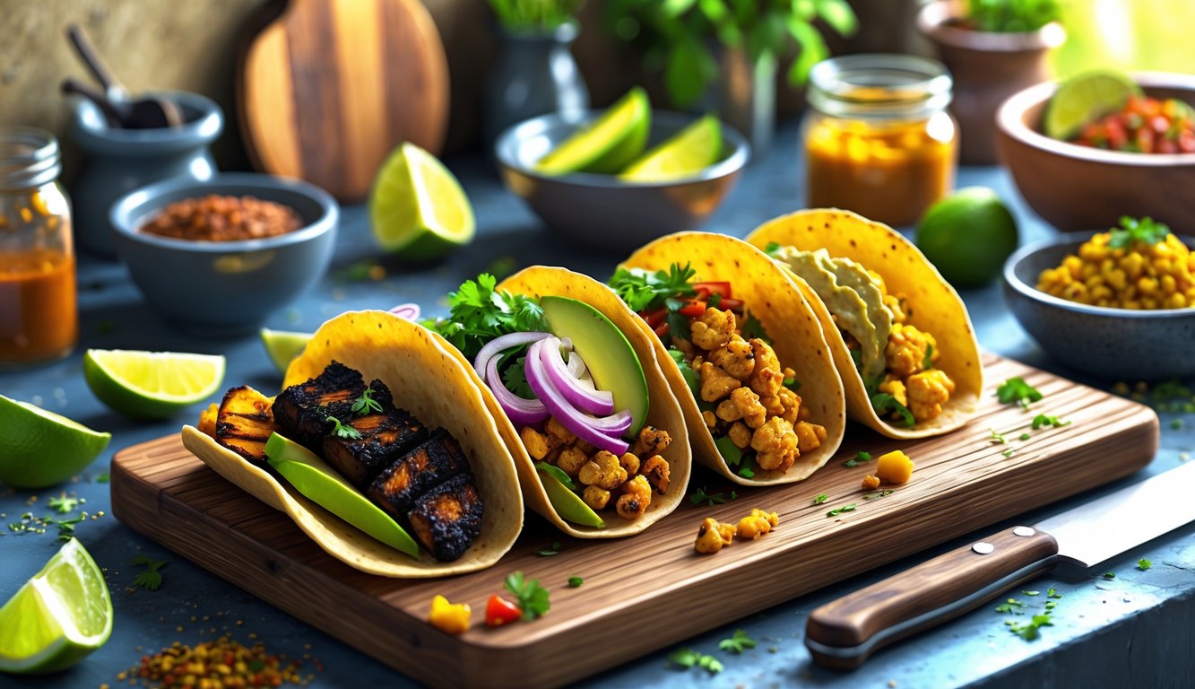 A kitchen scene showing classic tacos made with unexpected ingredients like jackfruit, cauliflower, and tempeh, surrounded by fresh herbs, spices, and sauces on a wooden cutting board.
