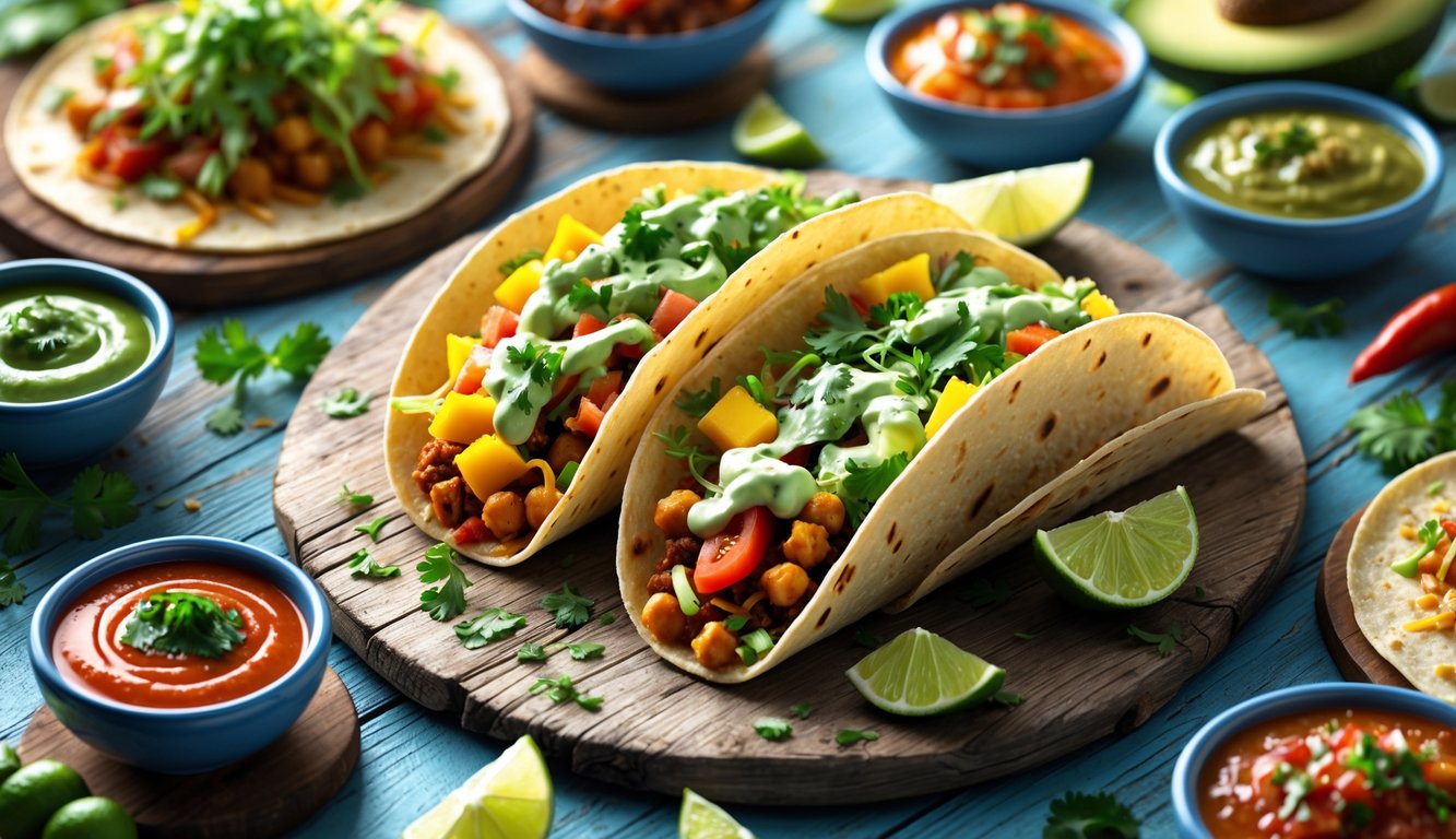 A table with several colorful tacos filled with fresh and unusual ingredients, surrounded by bowls of different sauces and garnishes.