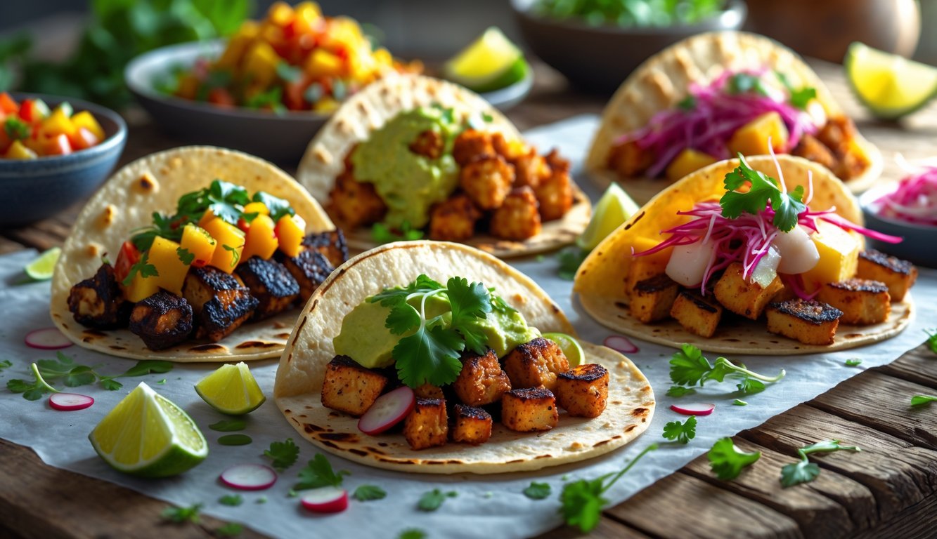 A variety of tacos on a wooden table, each filled with unique and colorful ingredients like grilled jackfruit, smoked cauliflower, seared tofu, and spicy tempeh, garnished with fresh herbs and lime wedges.