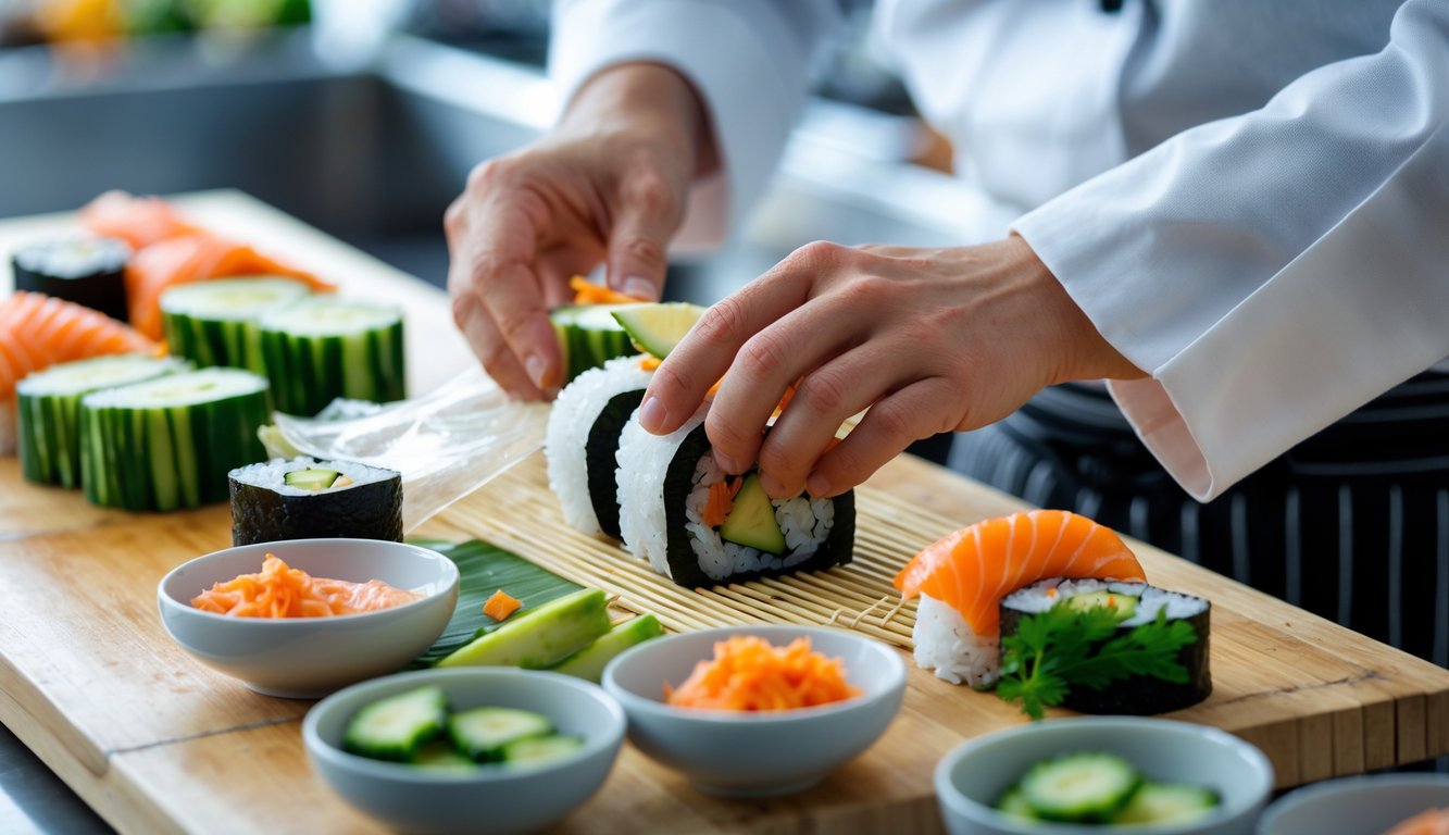 Close-up of a sushi chef's hands preparing sushi rolls with fresh ingredients on a wooden cutting board in a kitchen.
