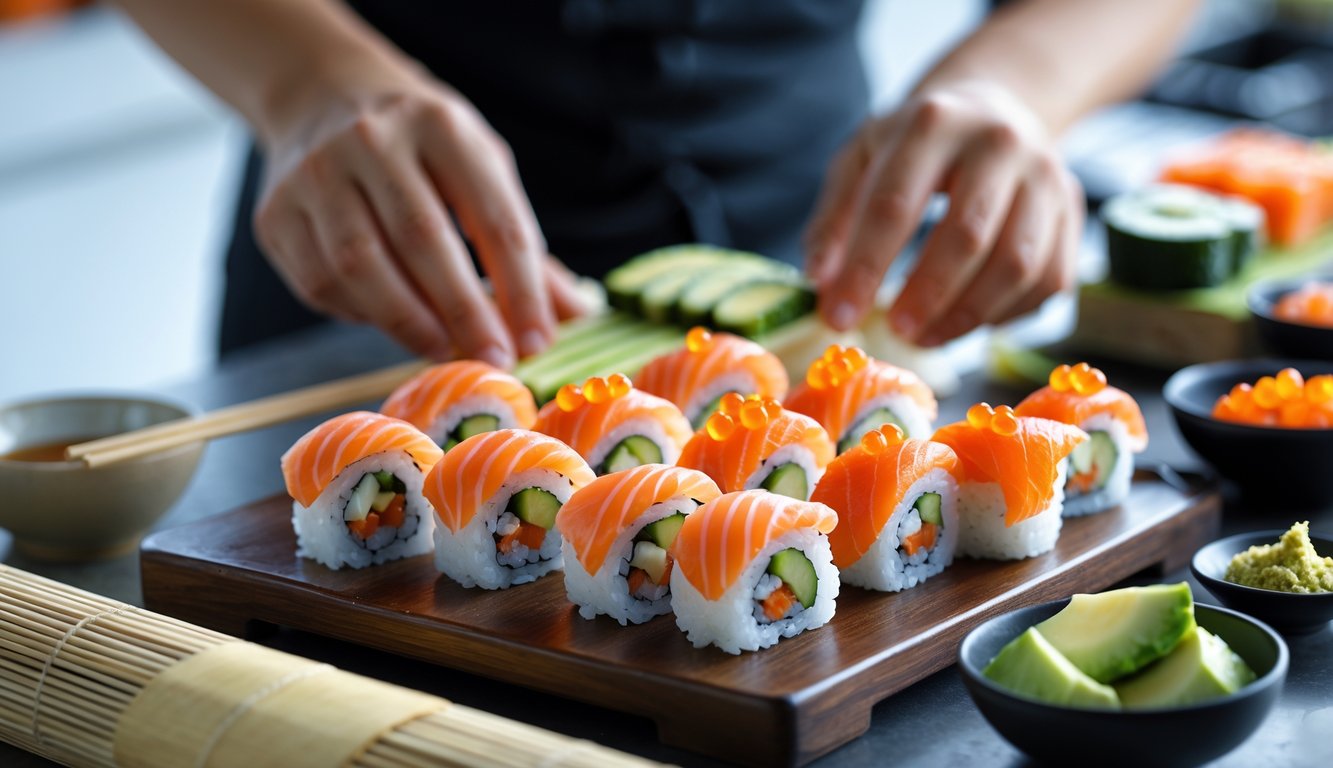 Hands preparing sushi rolls with fresh ingredients on a wooden board in a kitchen setting.