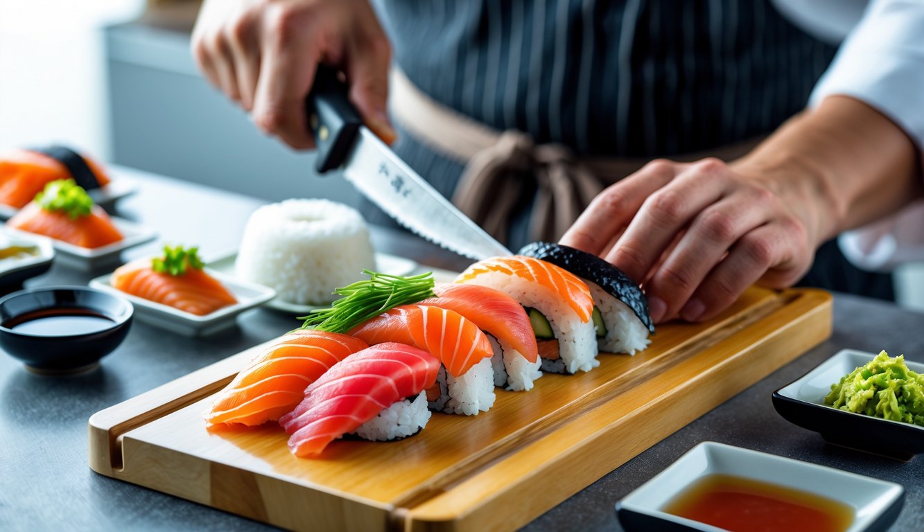 Hands of a sushi chef slicing fresh fish and preparing nigiri and sashimi on a wooden board with bowls of soy sauce, wasabi, and pickled ginger nearby.