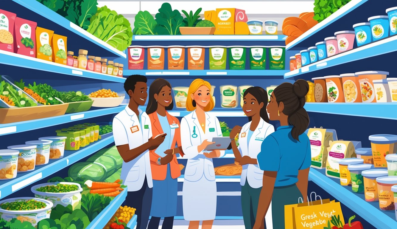 A grocery store aisle with shelves stocked with healthy ready-to-eat foods and dietitians advising shoppers about nutritious options.