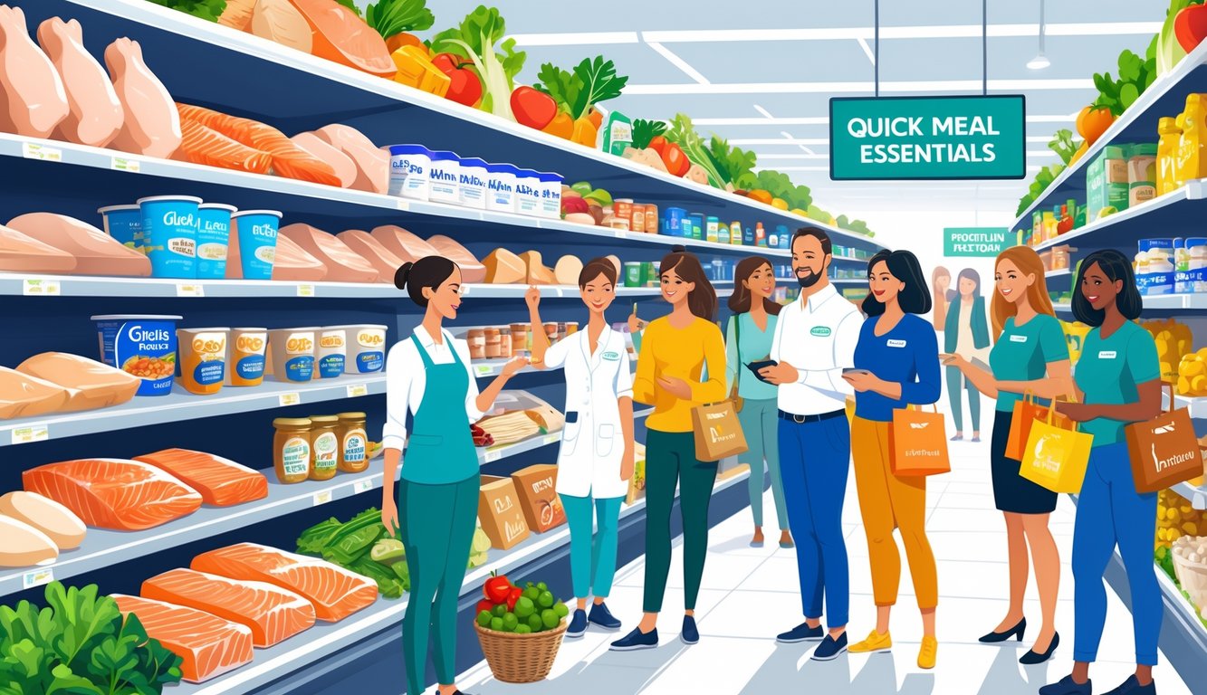 A grocery store aisle with shelves stocked with various protein foods and dietitians helping shoppers choose items for quick meals.