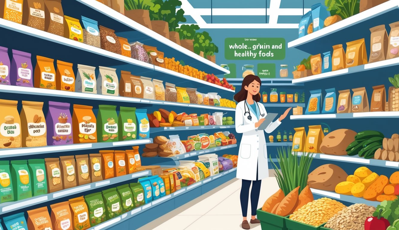 A grocery store aisle with shelves of whole grains and healthy carbohydrates, a dietitian advising a shopper, and fresh produce displayed nearby.