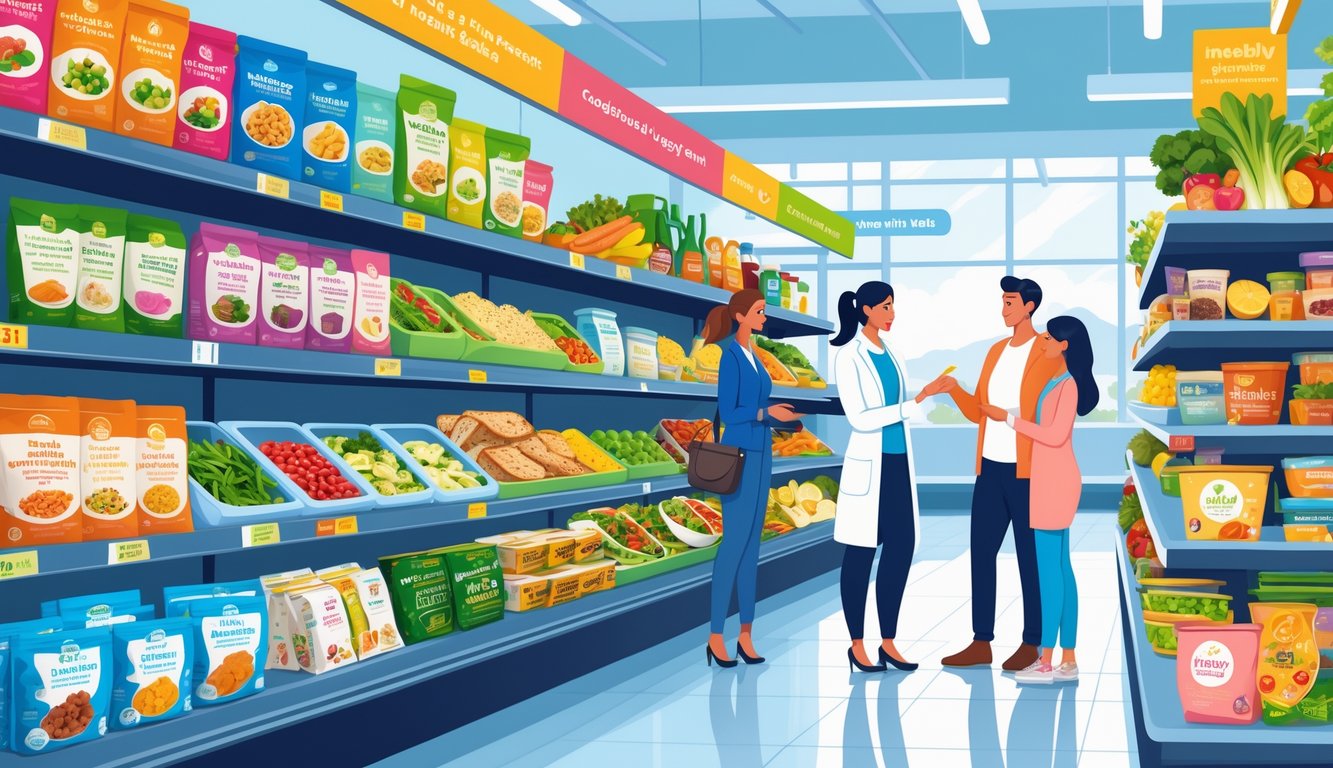 People selecting healthy convenience foods in a grocery store aisle with a dietitian advising a shopper.