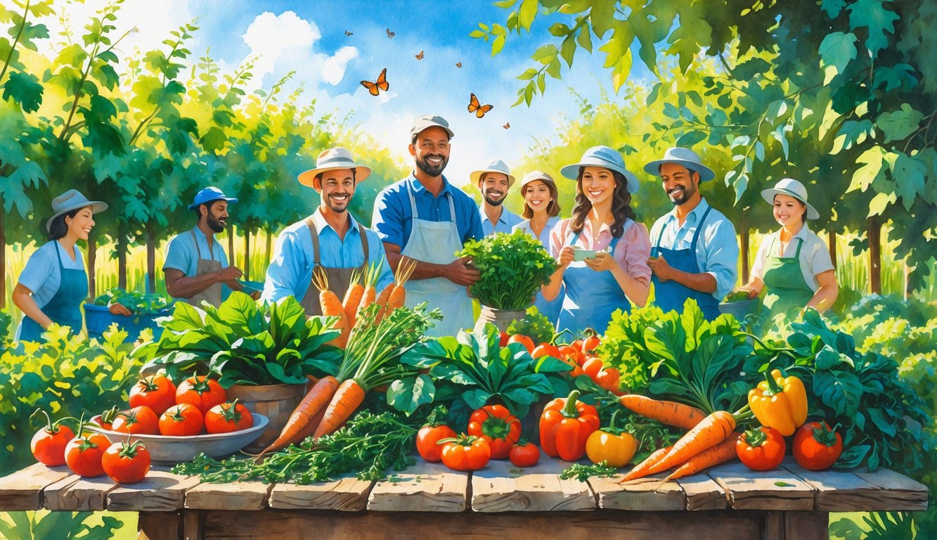 A sunlit organic farm with farmers harvesting fresh vegetables on a wooden table surrounded by crops, flowers, and pollinators.