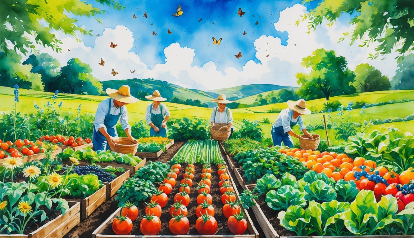 A farm with people tending to various vegetables and fruits growing in soil beds, surrounded by wildflowers, bees, and a stream with hills in the background.