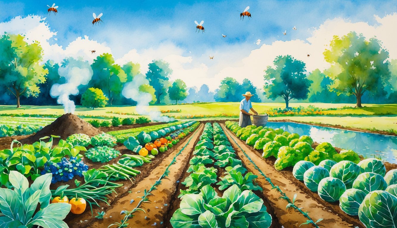 A farmer tending healthy organic crops on a farm with a pond, trees, and insects, showing a vibrant and thriving natural environment.