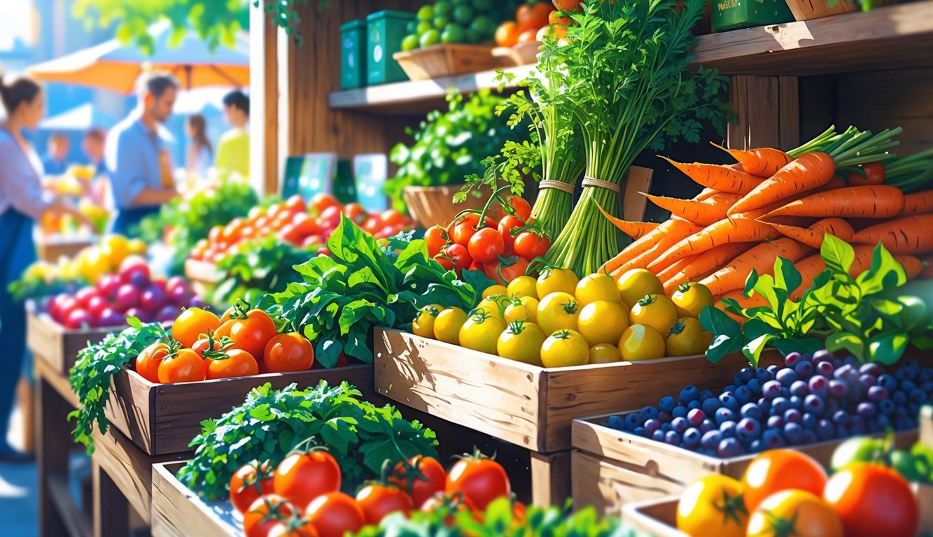 A market stall filled with fresh fruits and vegetables, with people shopping in the background.