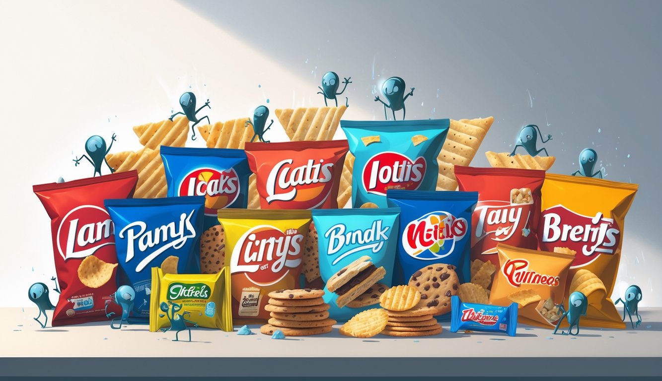 Various popular snack packages on a table with small, shadowy figures representing hidden additives creeping around and inside the snacks.