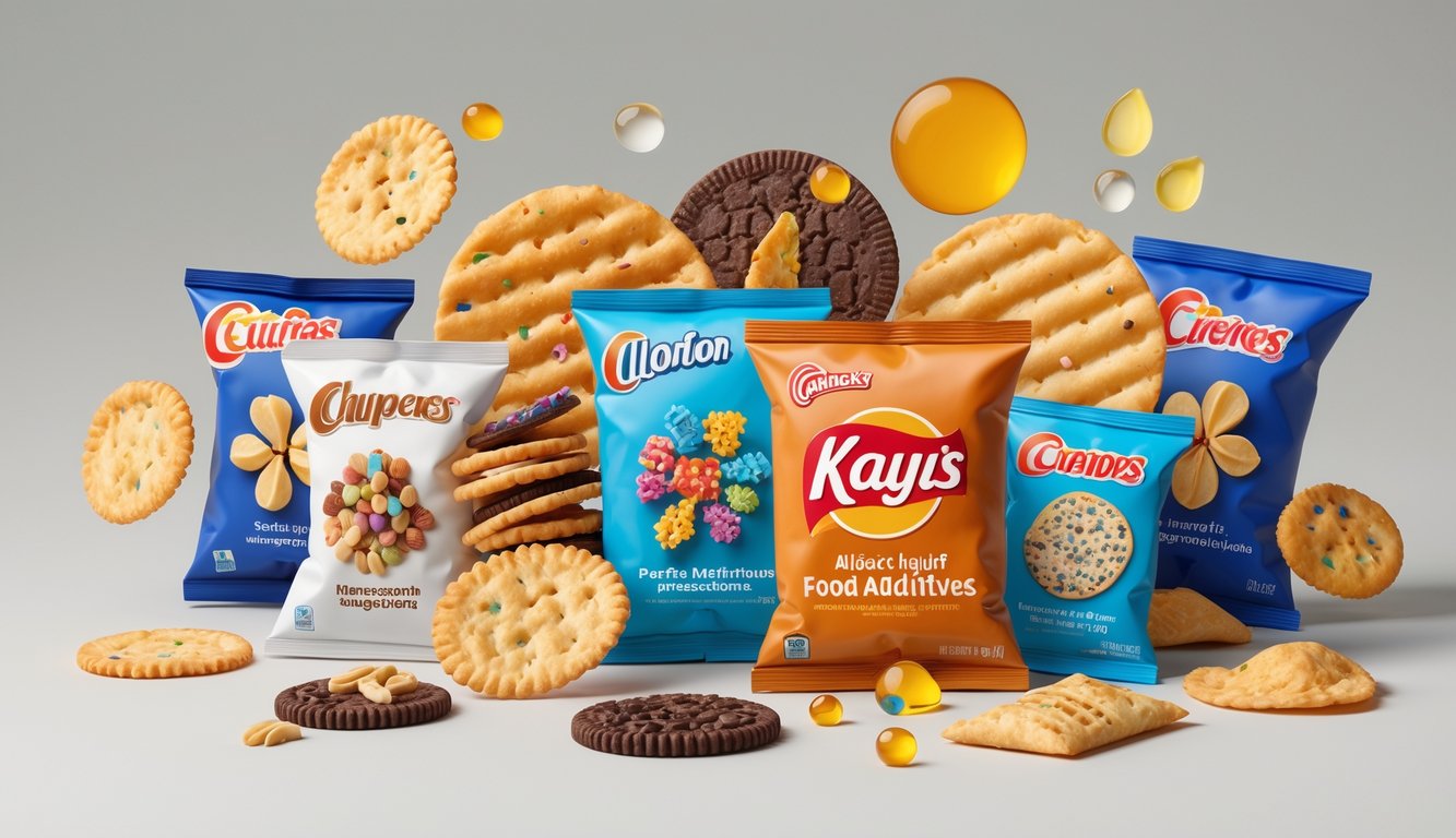 A variety of popular snack foods shown with hidden food additives inside and allergen symbols nearby to indicate potential allergic reactions.
