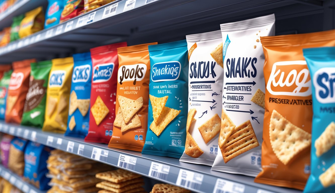 Close-up view of snack packages on a shelf with certain ingredients highlighted to show hidden additives.