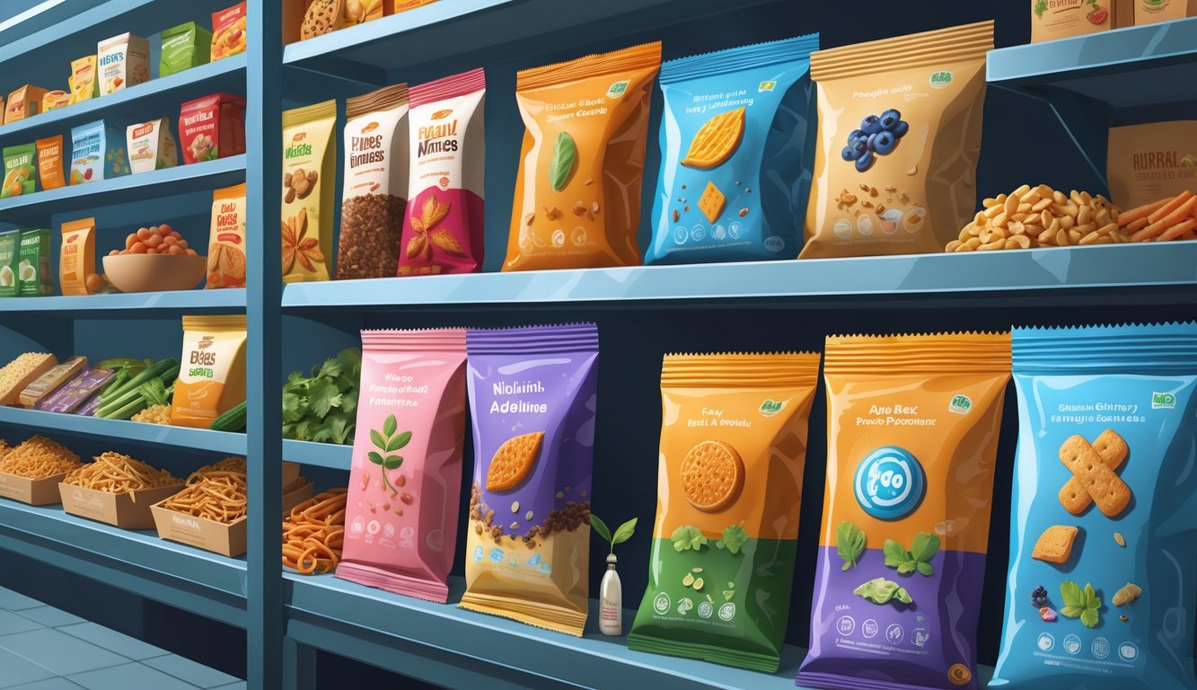 A supermarket shelf with popular snack packages showing transparent views of hidden additives inside, including natural flavor characters, tiny glowing GMOs, and shadowy chemical figures among the ingredients.