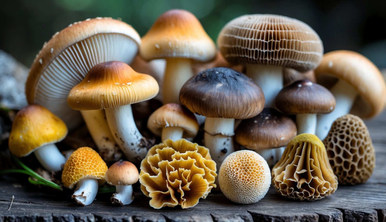 A close-up of various rare mushrooms arranged on a wooden surface, showcasing different shapes, colors, and textures.