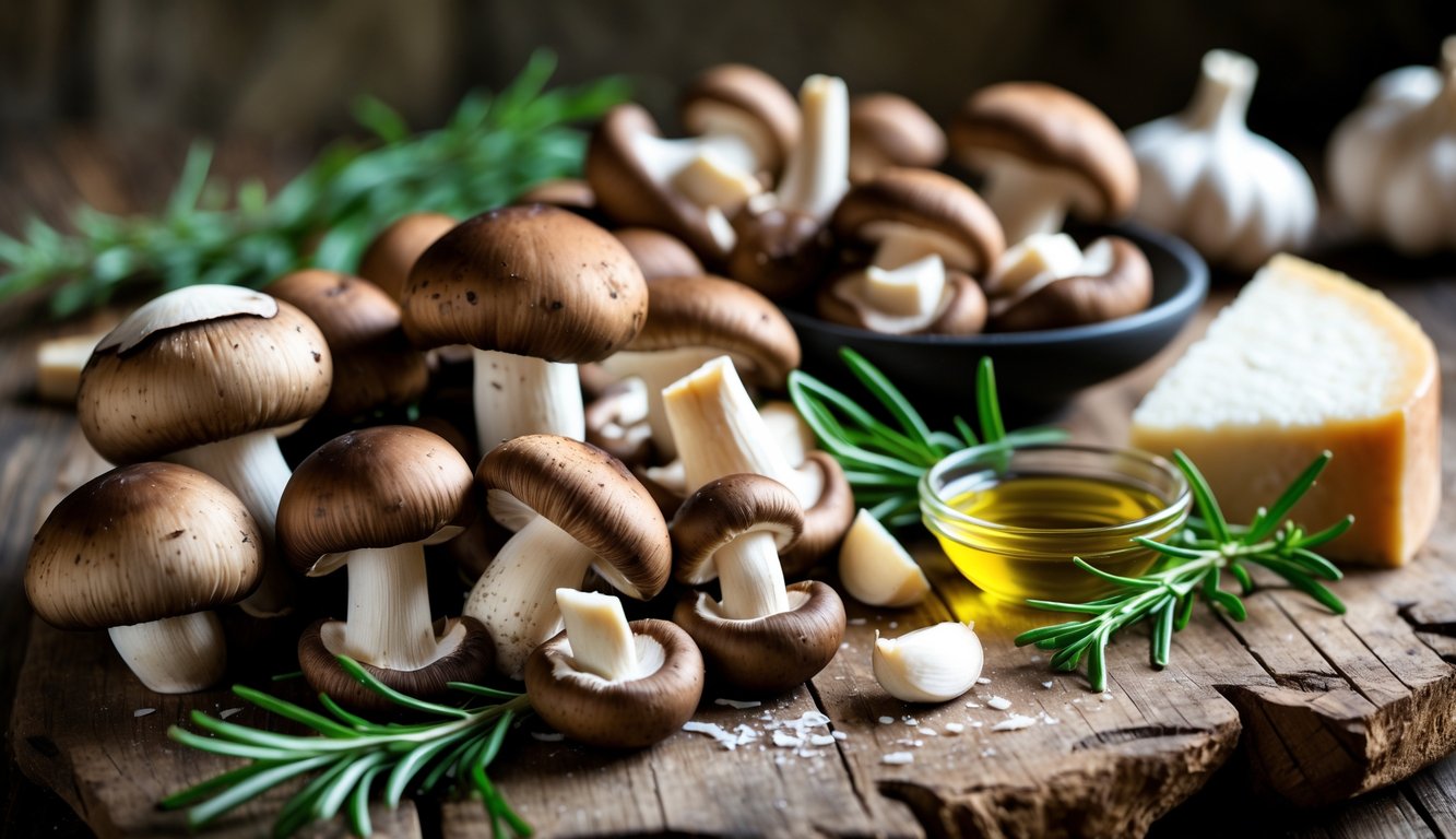 Fresh porcini mushrooms arranged on a wooden table with garlic, rosemary, olive oil, and Parmesan cheese.