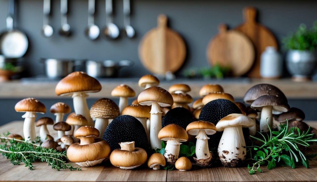 An assortment of rare gourmet mushrooms arranged on a wooden table with fresh herbs, set in a kitchen environment.