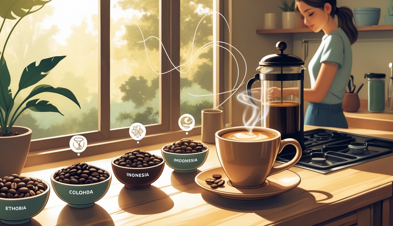 A morning kitchen scene showing different bowls of coffee beans from various regions next to a steaming cup of coffee and a person preparing coffee with a French press.