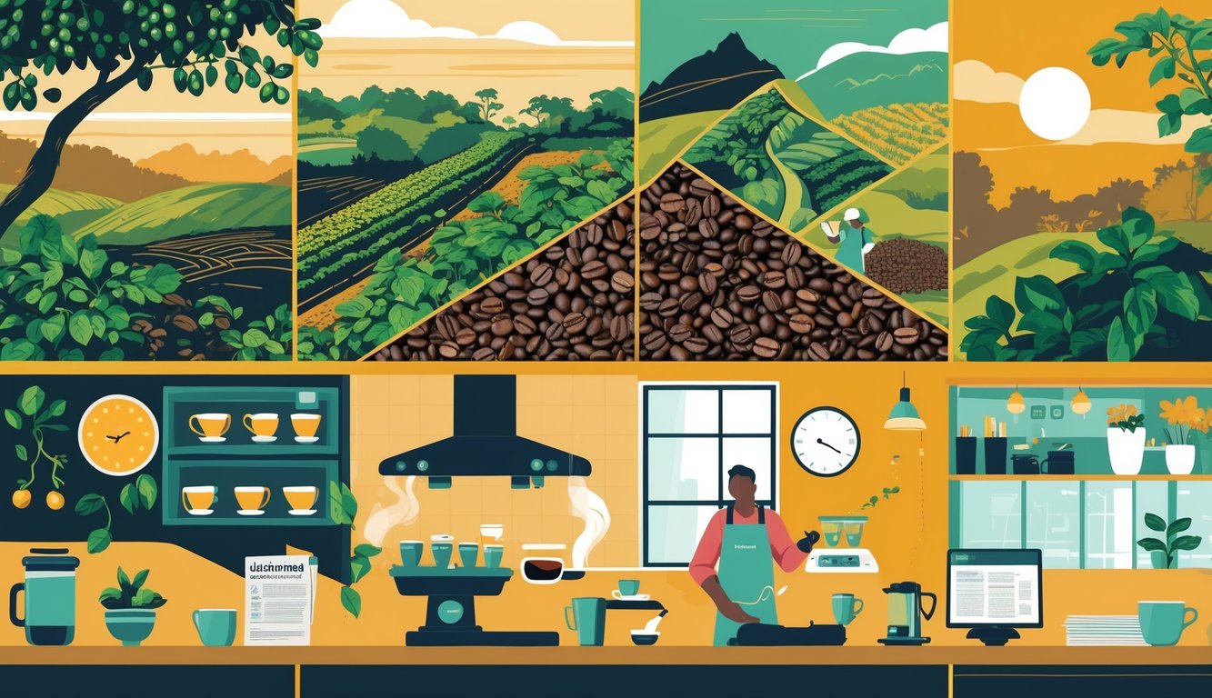 Illustration showing coffee beans growing in different regions around the world and a person enjoying a fresh cup of coffee in a kitchen during morning.