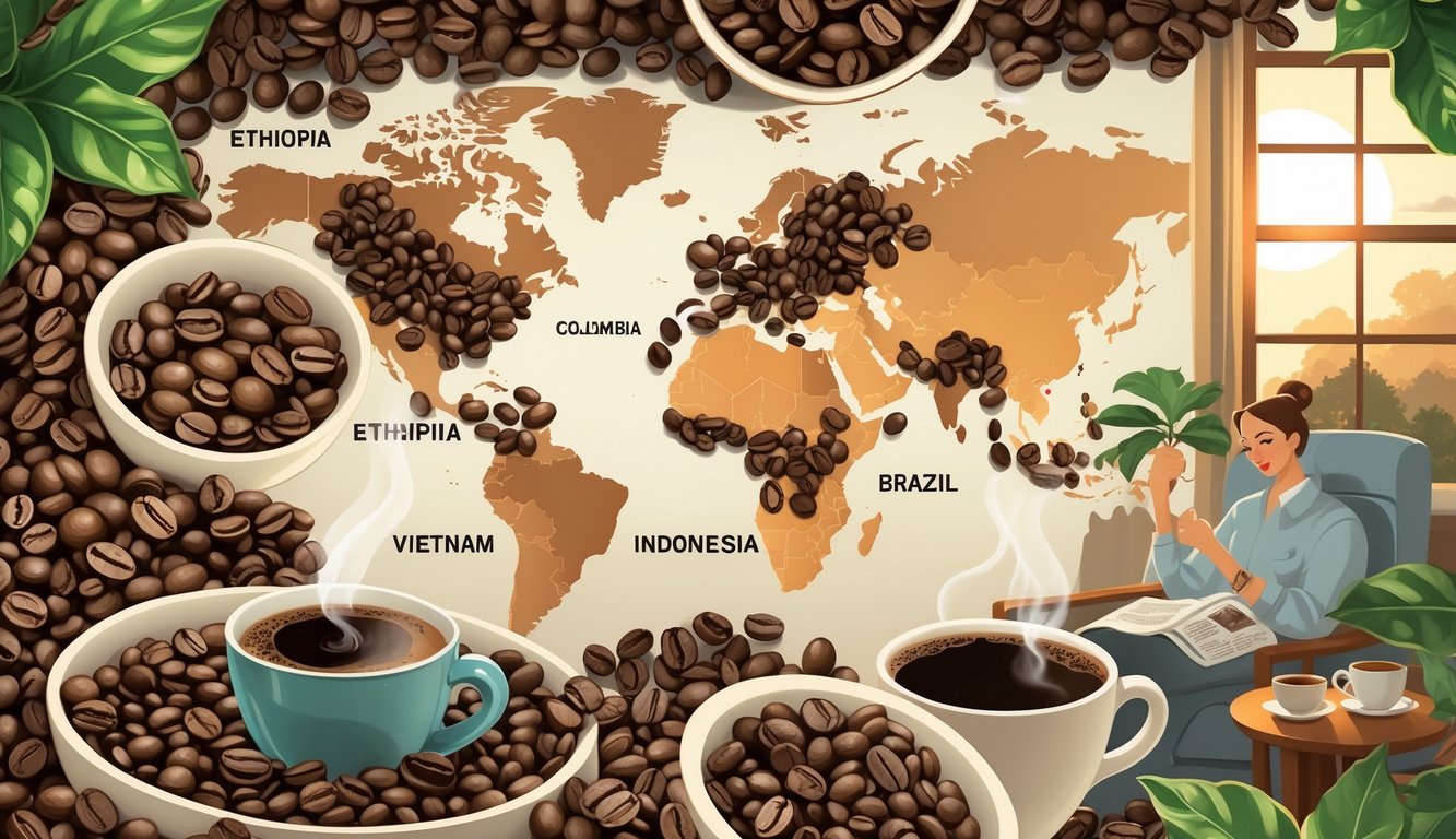Illustration showing different types of coffee beans from various regions around the world with a cup of coffee, breakfast items, and a sunrise in the background.