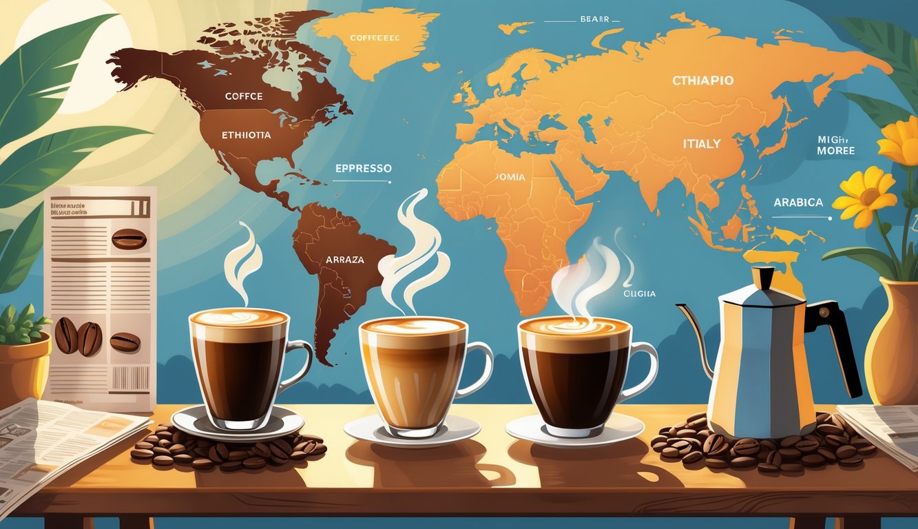 Three coffee drinks—Espresso, Latte, and Moka Pot coffee—displayed on a table with coffee beans and a world map highlighting their regions of origin, alongside morning items like a newspaper and flowers.