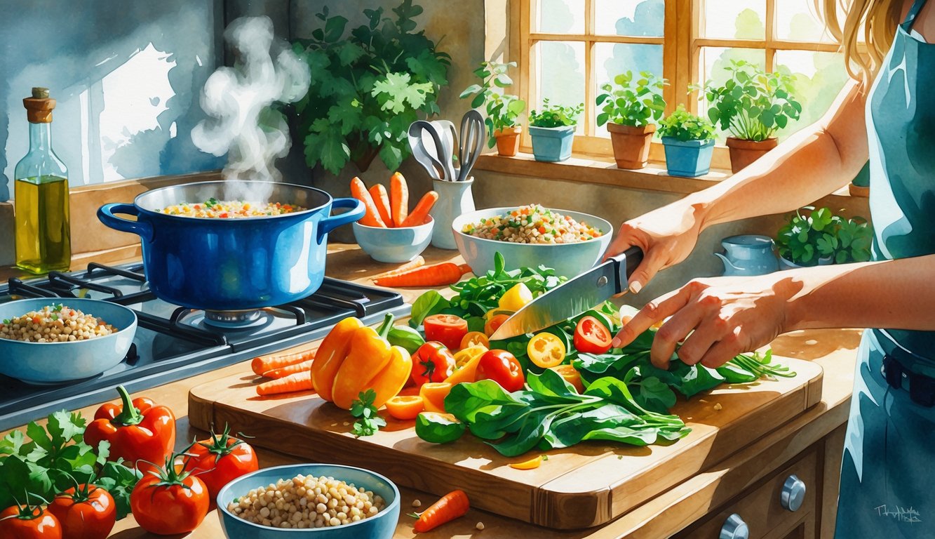 A kitchen scene showing hands chopping fresh vegetables on a cutting board next to a simmering pot and bowls of grains, surrounded by herbs and kitchen utensils.