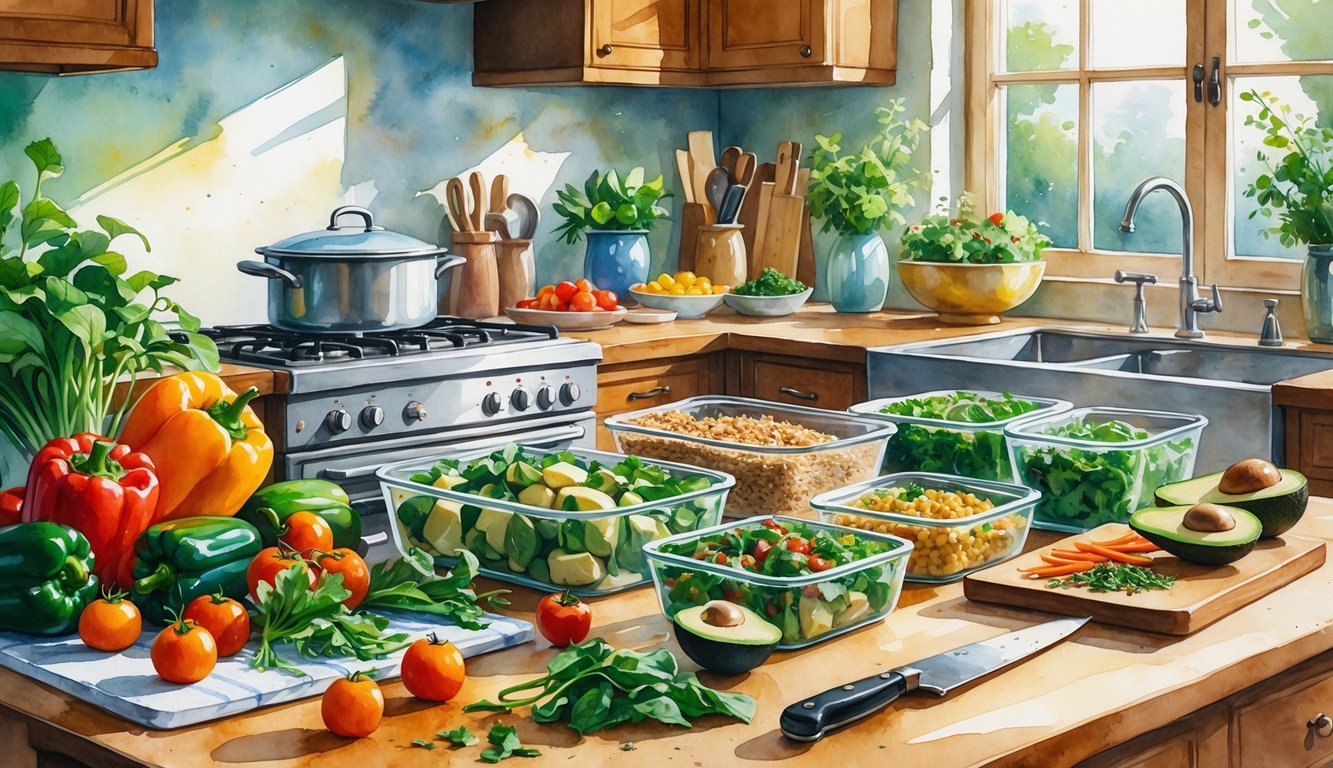 A kitchen countertop with fresh vegetables, prepared meals in glass containers, and cooking utensils set up for meal preparation.
