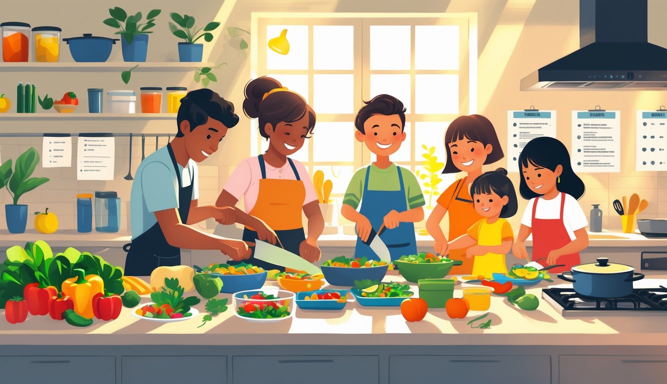 A family preparing meals together in a bright kitchen, chopping vegetables and organizing food in containers.