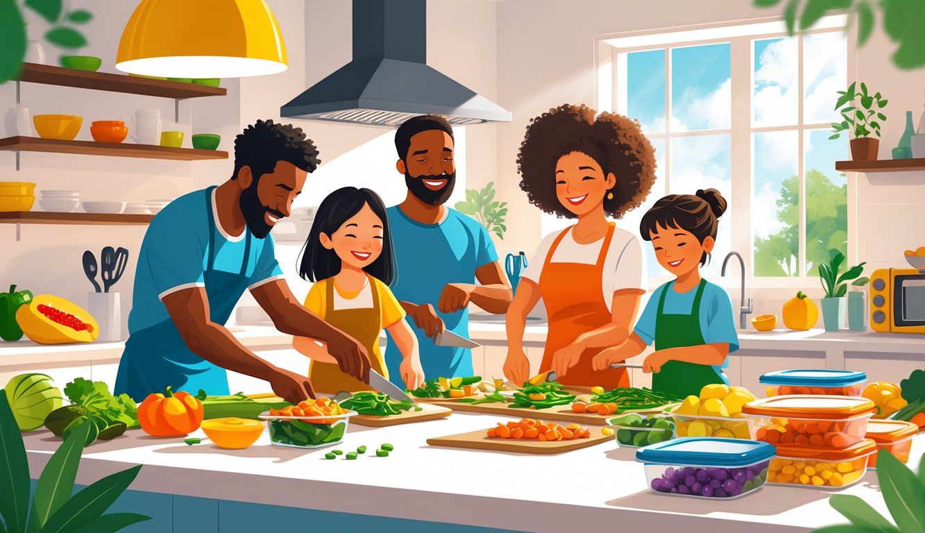 A family of four preparing meals together in a bright kitchen, chopping vegetables and organizing food containers on the countertop.