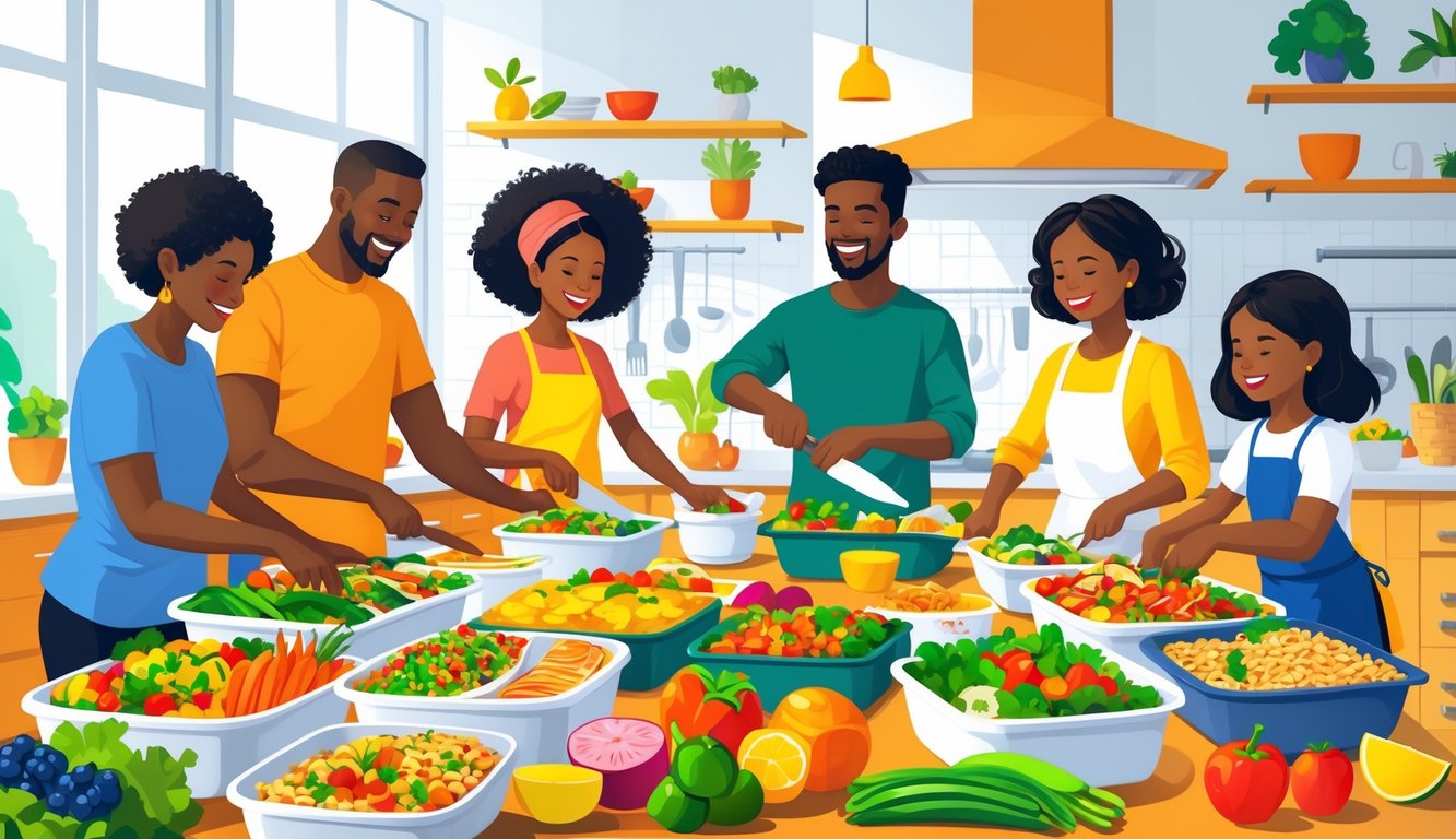 A family preparing healthy meals together in a bright kitchen with fresh ingredients and meal prep containers on the table.