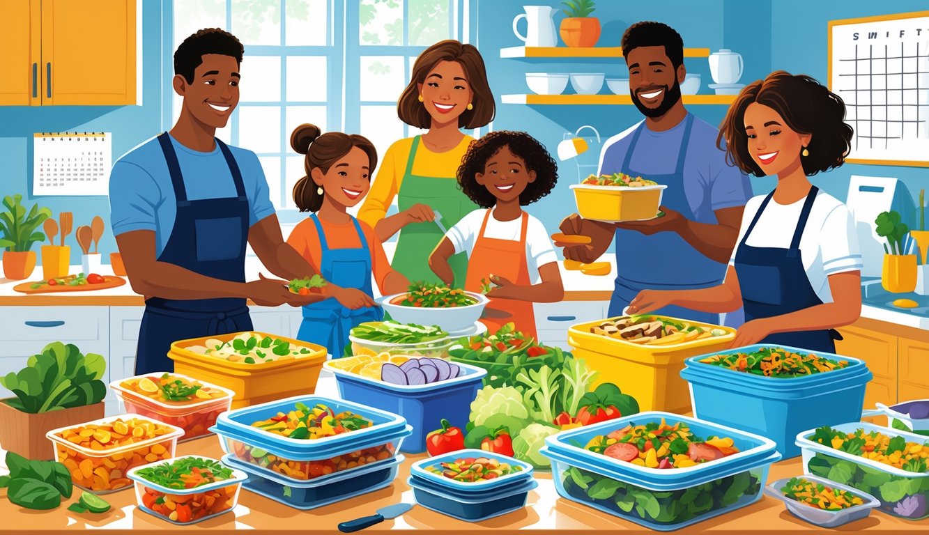A family preparing meals together in a kitchen, packing food into containers and organizing leftovers for future meals.
