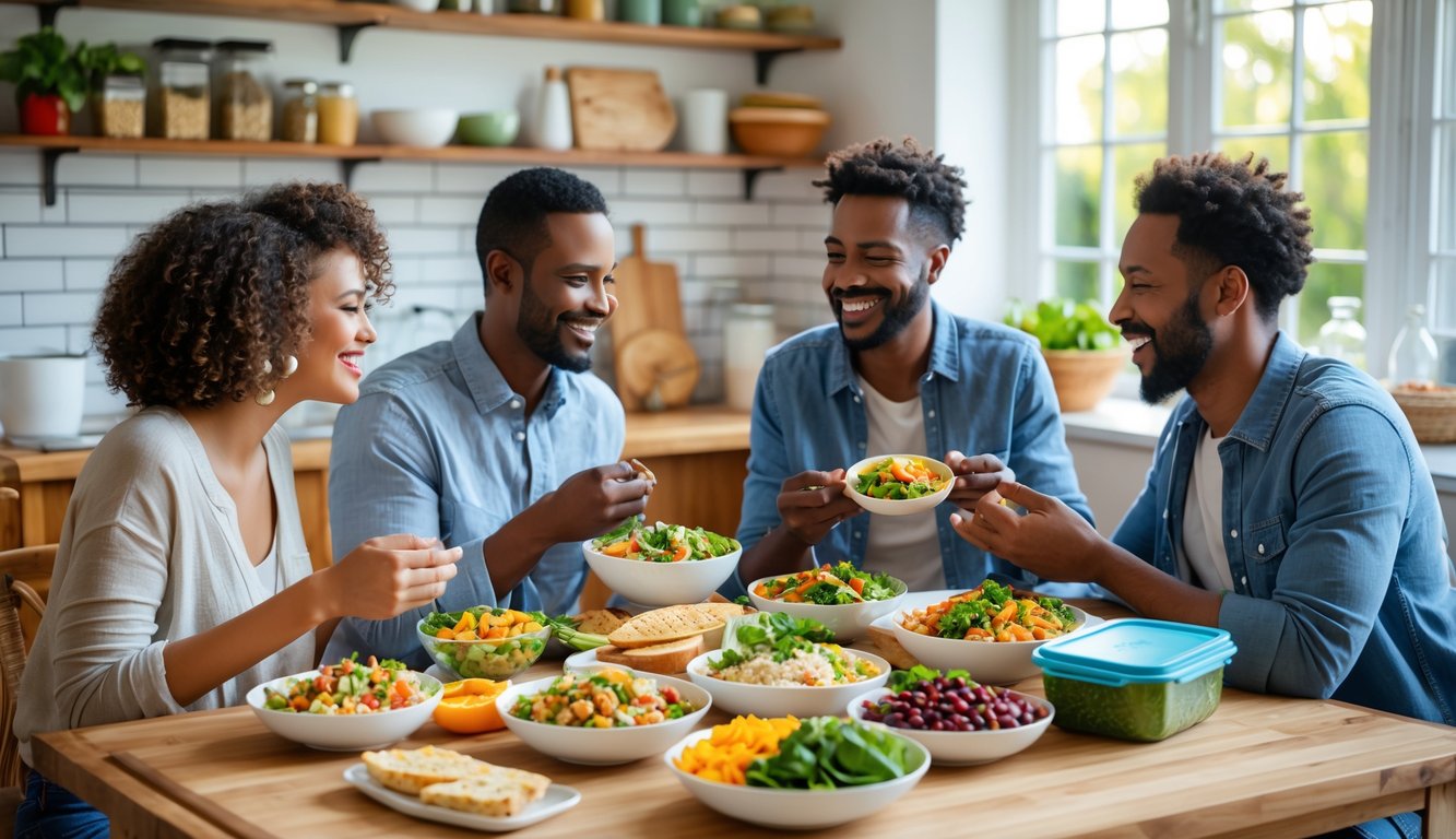 Three adults happily sharing a variety of homemade lunch dishes around a wooden table in a sunlit kitchen.