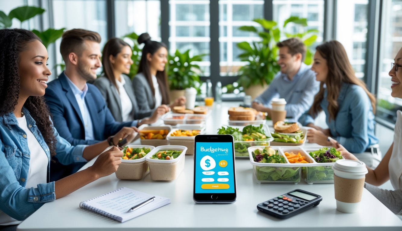 A group of young professionals sitting around a table in an office kitchen with packed lunches, a smartphone, and a calculator, discussing budgeting during lunch.
