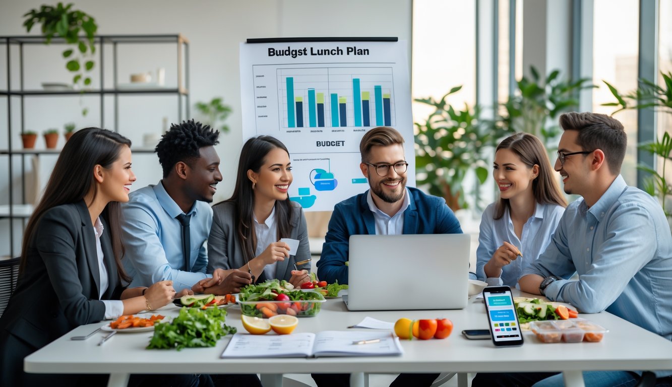 A group of young professionals having lunch together in an office, discussing budget plans with a laptop and charts on the table.