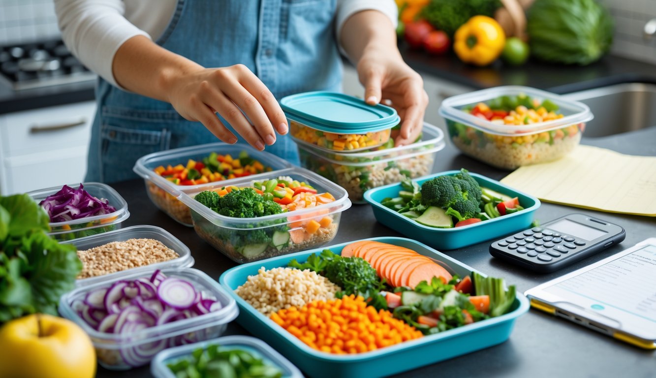 Hands packing healthy meal prep containers with fresh ingredients on a kitchen countertop alongside a grocery list, calculator, and smartphone.
