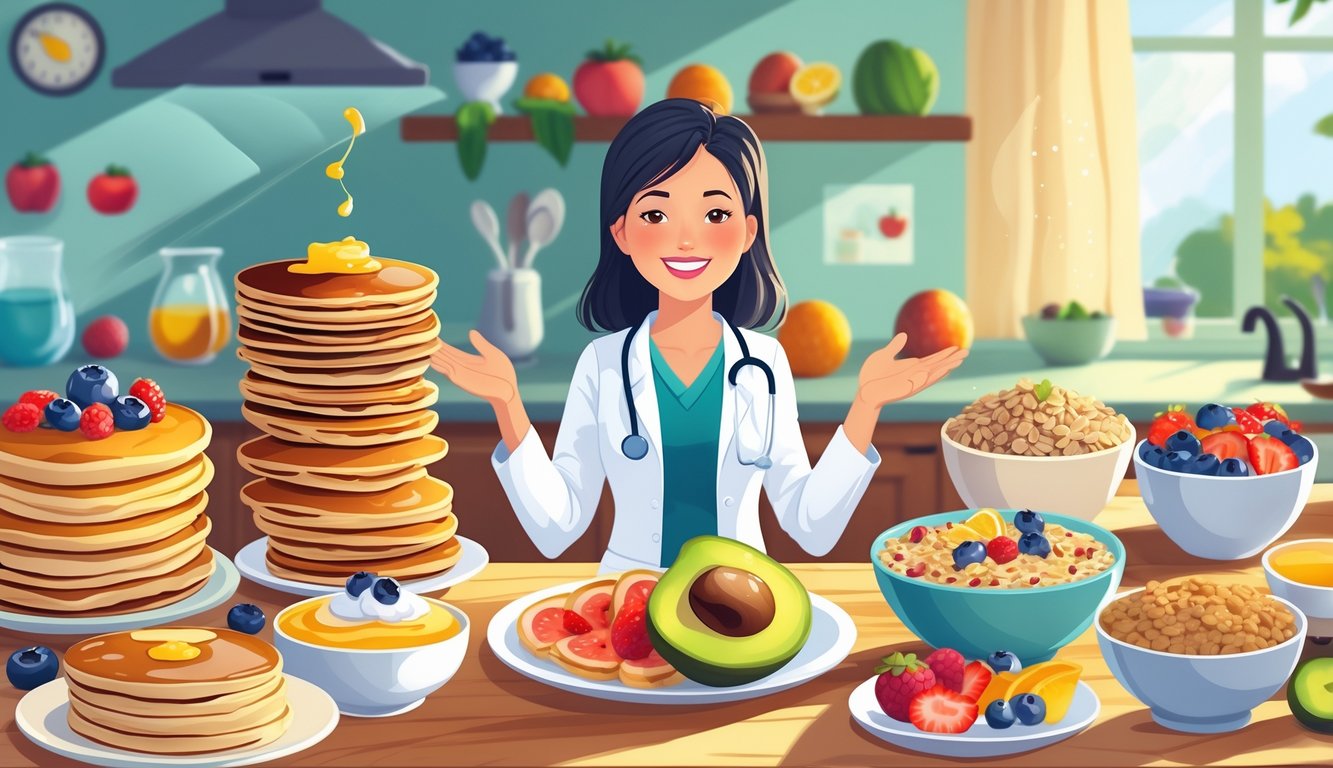 A dietitian in a kitchen presenting healthier breakfast food swaps displayed side by side with traditional breakfast items on a wooden table.