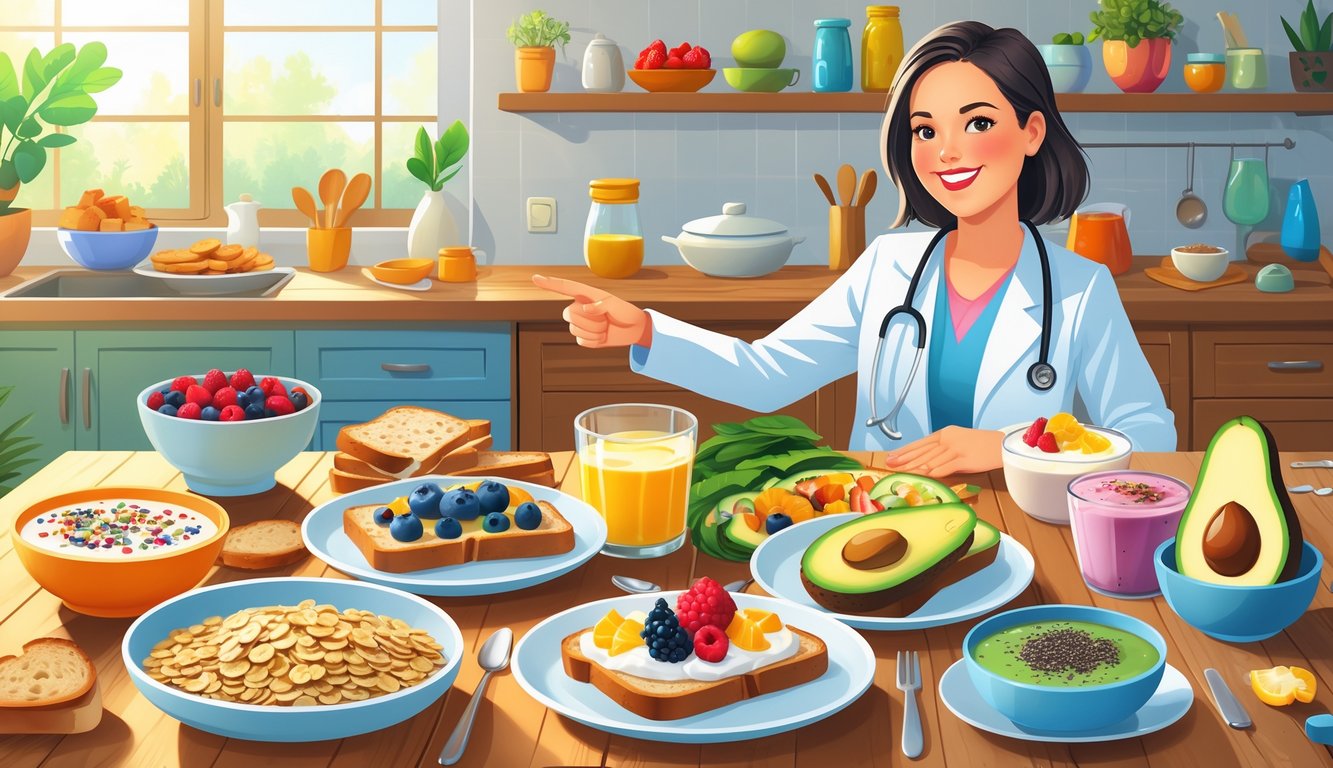 A kitchen table with traditional breakfast foods on one side and healthier breakfast swaps on the other, with a dietitian pointing to the healthy options.