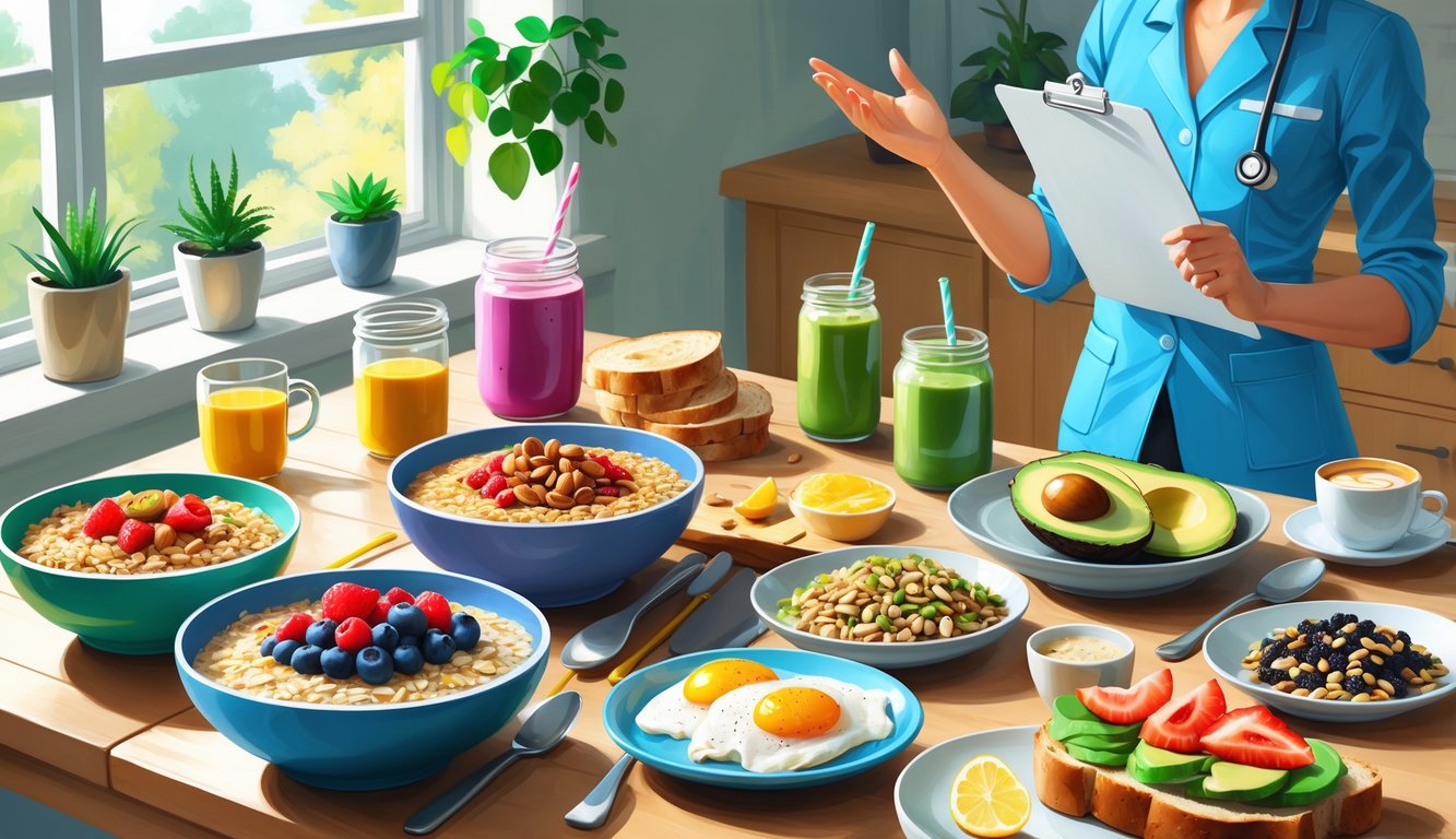 A dietitian stands next to a table filled with healthy breakfast foods like oatmeal with berries, avocado toast, smoothies, and nuts in a bright kitchen.