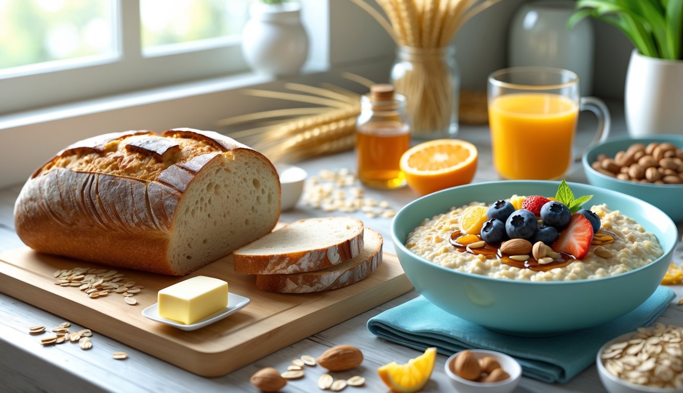 A breakfast table with sliced sourdough bread on a cutting board and a bowl of oatmeal topped with berries and nuts, surrounded by fresh ingredients and natural light.
