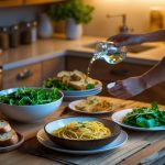 A person serving a simple late-night dinner of pasta, salad, and bread in a warmly lit kitchen.