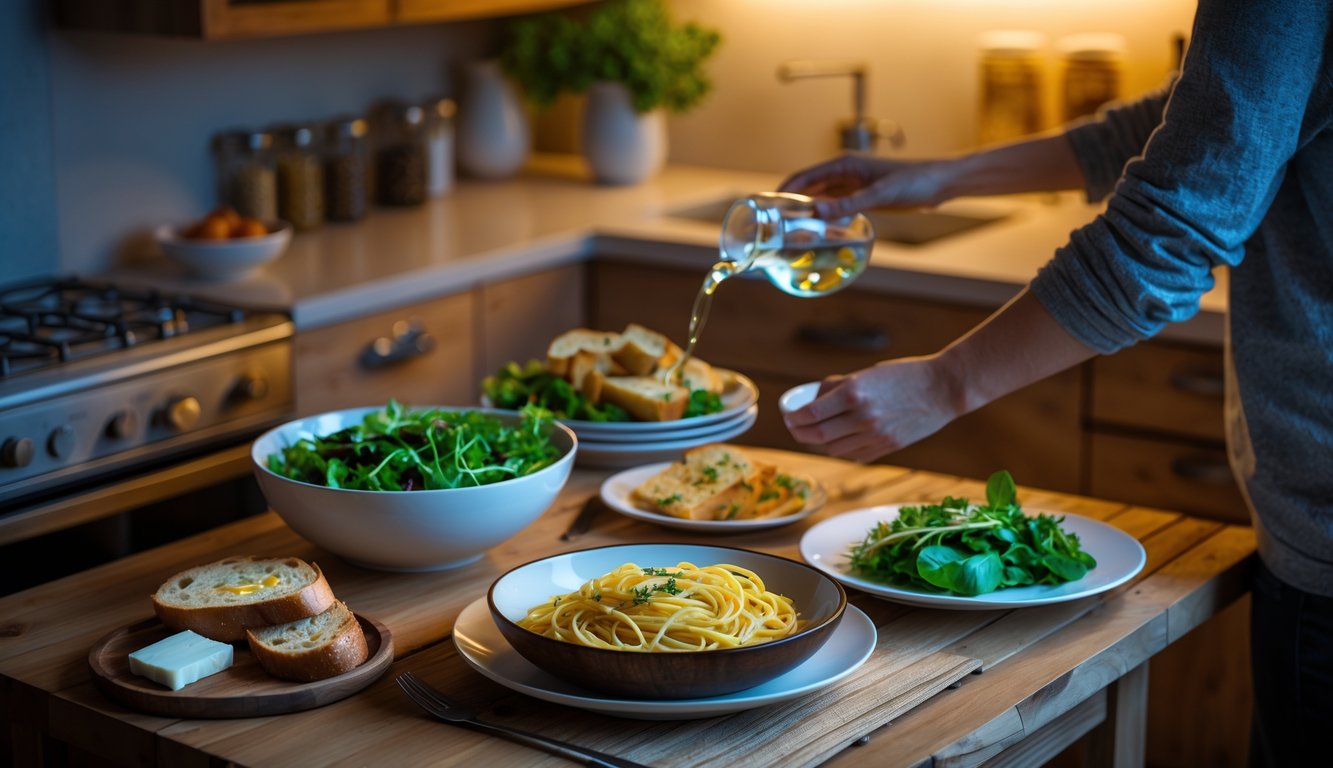 A person serving a simple late-night dinner of pasta, salad, and bread in a warmly lit kitchen.