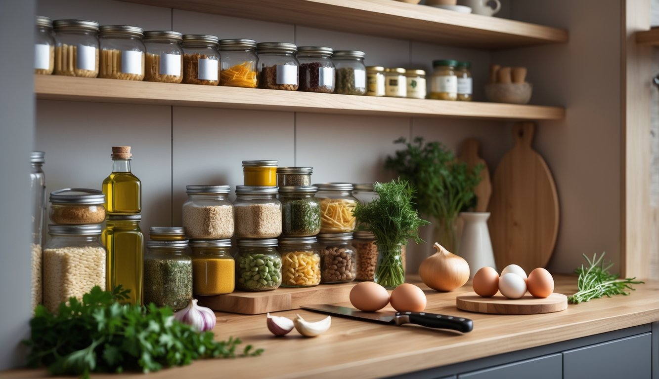 A kitchen pantry shelf stocked with staple ingredients and a countertop with fresh ingredients and cooking tools, ready for late-night meal preparation.