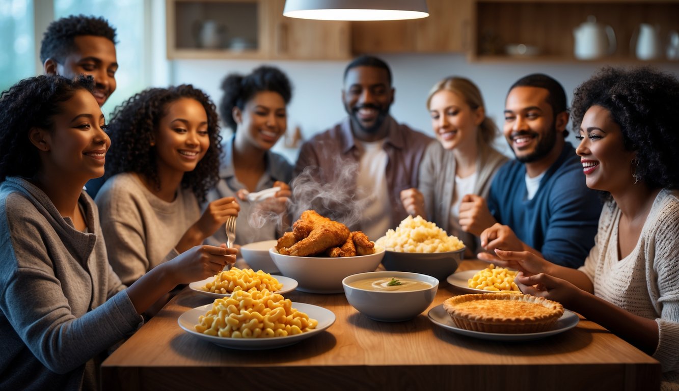People enjoying a variety of classic comfort foods like macaroni and cheese, fried chicken, mashed potatoes, and apple pie at a wooden table in a cozy kitchen at night.