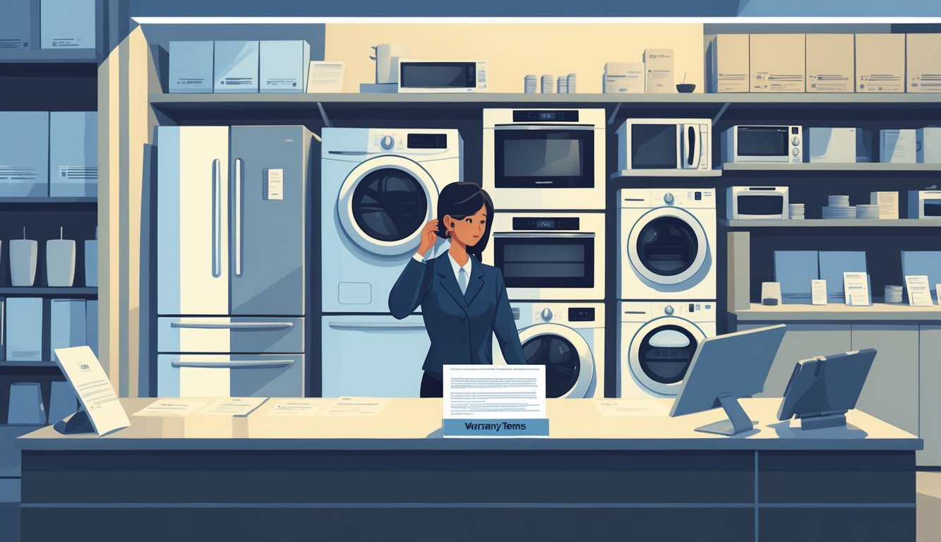 A customer talks quietly with a store employee at an appliance retailer, with appliances displayed around them and a small document about warranty terms on the counter.