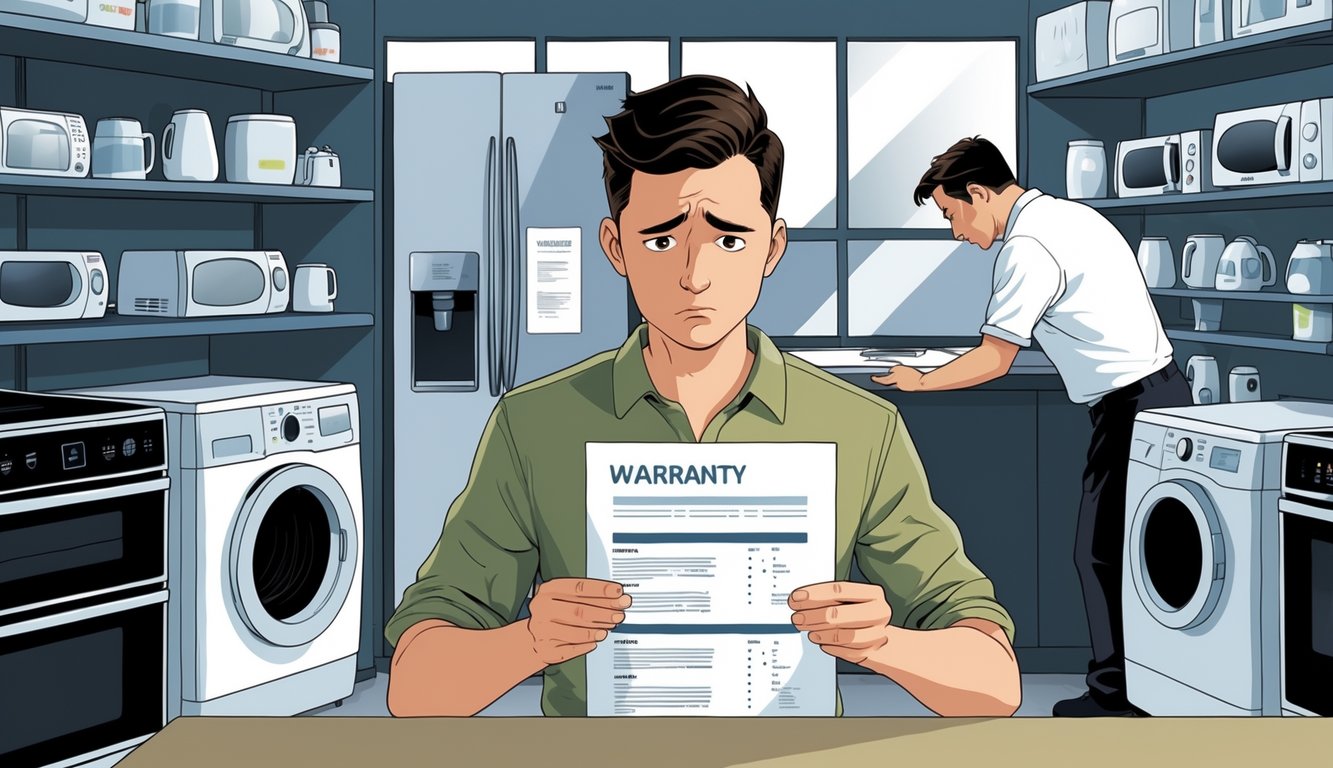 A customer in an appliance store looks confused while holding a warranty document, as a retailer hides warranty details behind a counter.