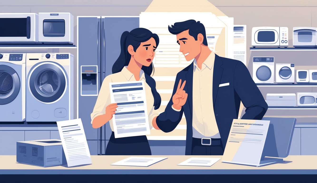 A customer talks to a store representative at an appliance service desk, holding a warranty document and looking confused while the representative explains something. Household appliances are displayed in the background.
